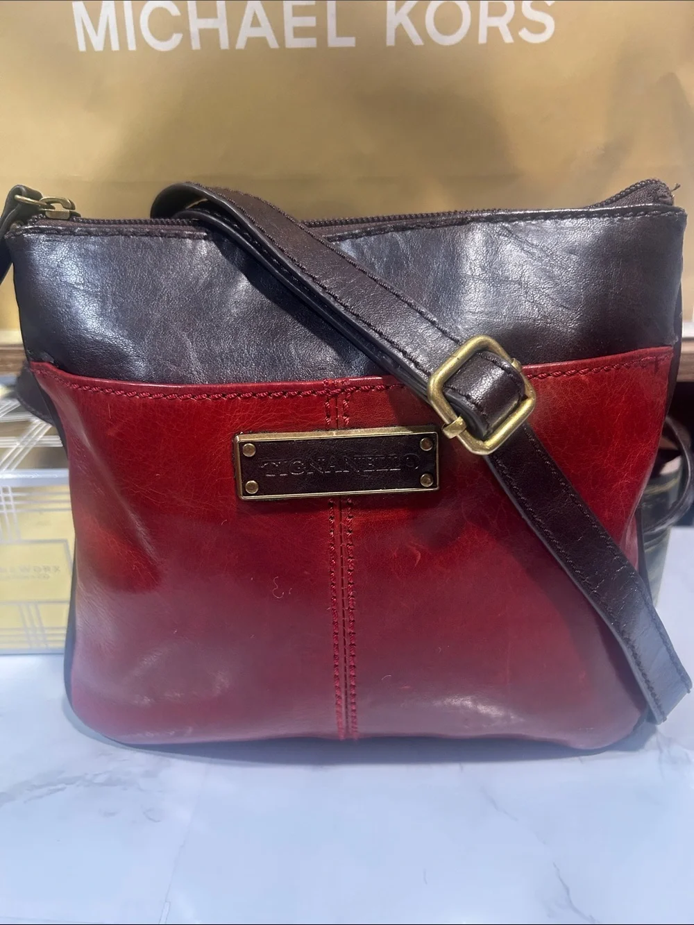 Tignanello Red and Brown Leather Crossbody Bag